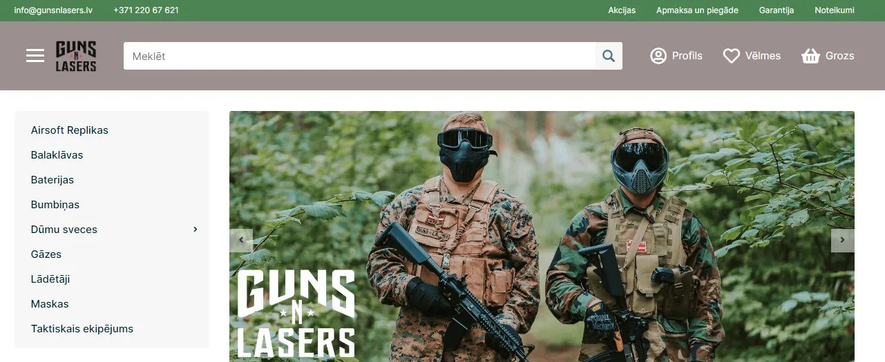 GUNSnLASERS airsofta un peintbola internetveikala sākumlapa